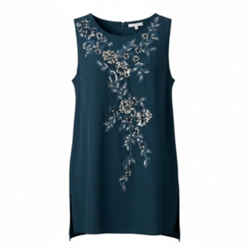 White House Black Market Embroidered Sequin Floral Tunic Top Teal Blue Size 2